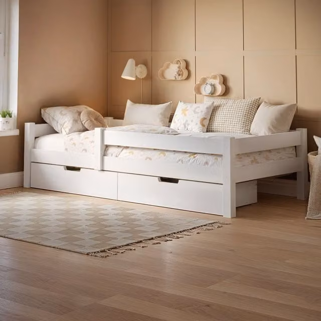 Flair Milo Single Bed with Storage Drawers in White Solid Pine Wood, 90 x 190 cm