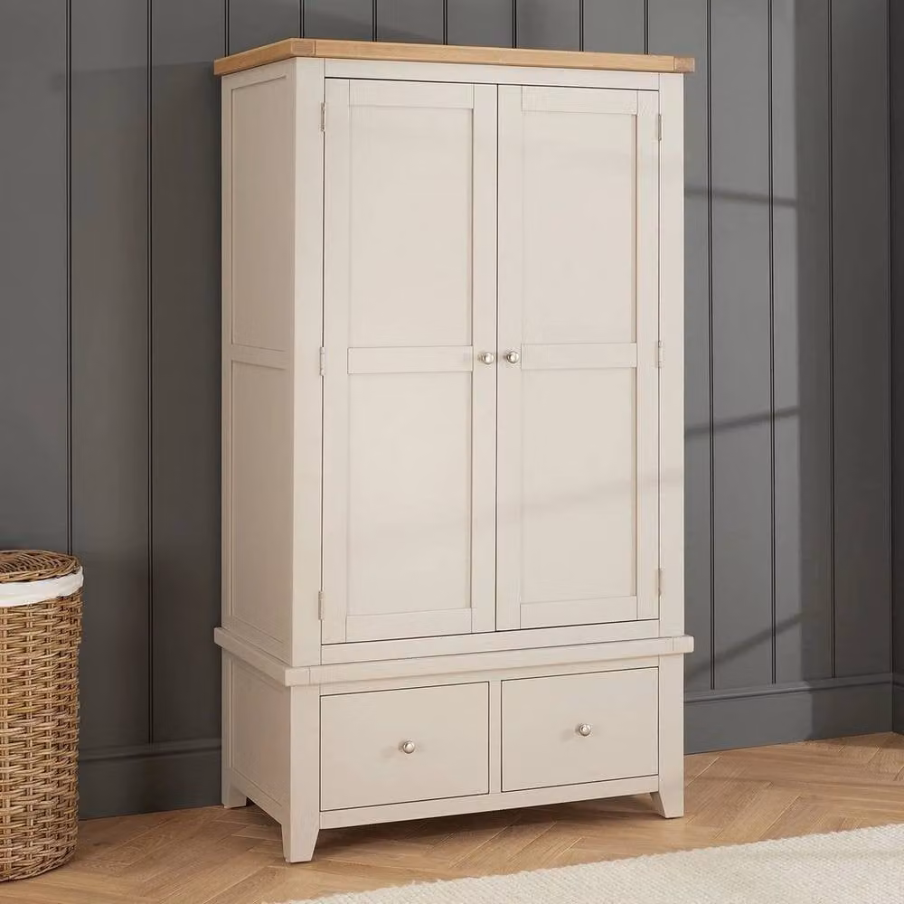 FORGEVIO Classic Two-Door Wardrobe with 2 Integrated Drawers in Cheshire Grey Oak Finish – 2