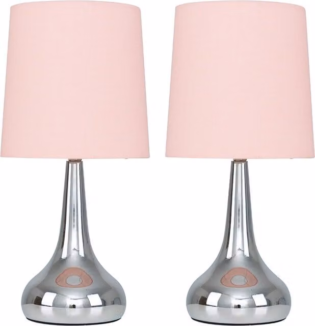ValueLights Teardrop Pair of Chrome Touch Table Lamps with Pink Fabric Shades