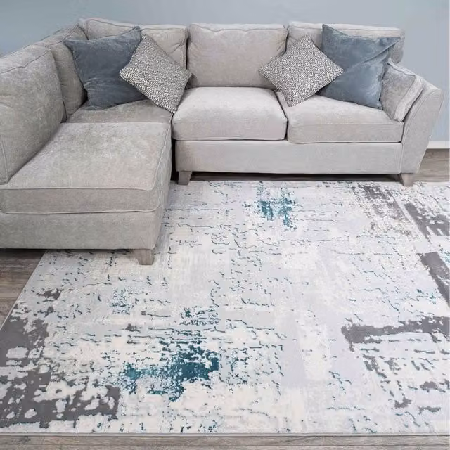 The Rug House Modern Abstract Area Rug in Silver, Grey and Blue, W: 110 cm, D: 60 cm
