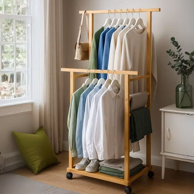 Rafaelo Mobilia Portable Wooden Clothes Rack and Open Wardrobe with Shoe Storage in Brown, H 154.5 x W 105.0 x D 80.0 cm