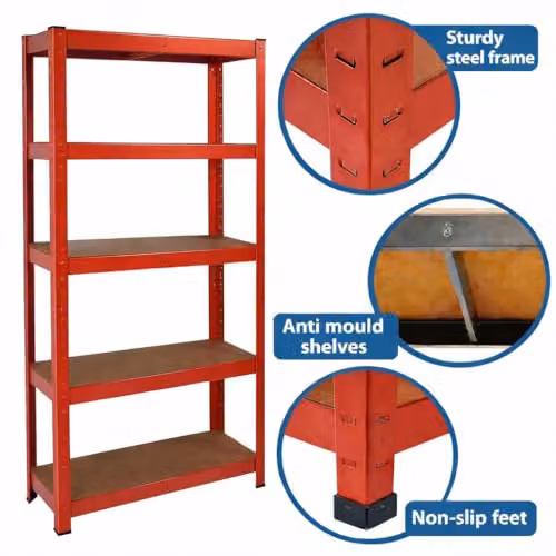 Direct Online Houseware 5 Tier Heavy Duty Metal Garage Shelving Unit, Red, W/D/H: 70 x 30 x 150 cm – 6