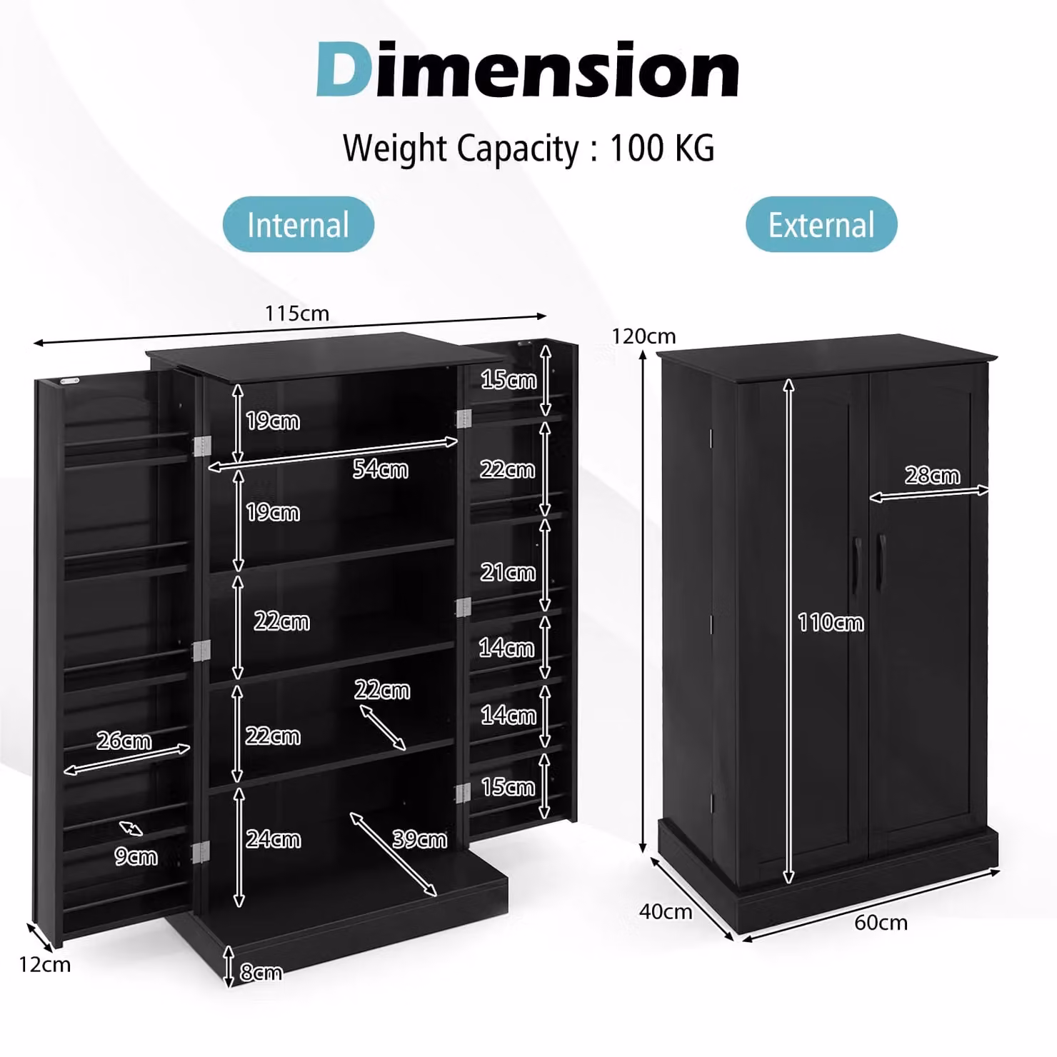 Gymax Black Minimalist Kitchen Pantry Cabinet with Adjustable Internal Shelves and 2 Hinged Doors – 2