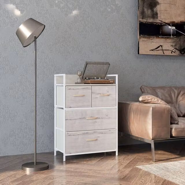 HOMCOM 4 Drawer Bedroom Chest of Drawers with Shelf in Natural Brown, Sand and White – 1