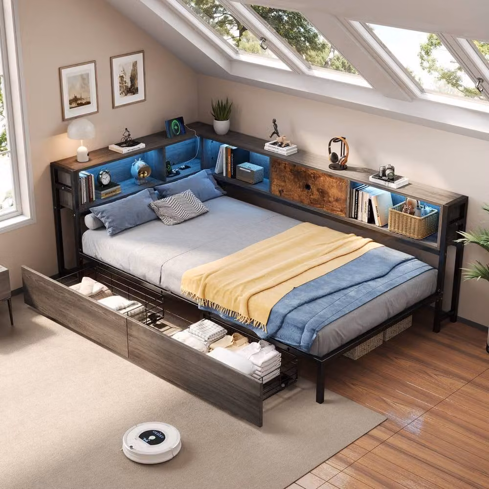 Rolipo Industrial Single Bed in Grey and Brown with RGB LED Lighting, USB Charging Port and Bedside Shelf, W/D/H: 140 x 200 cm – 2