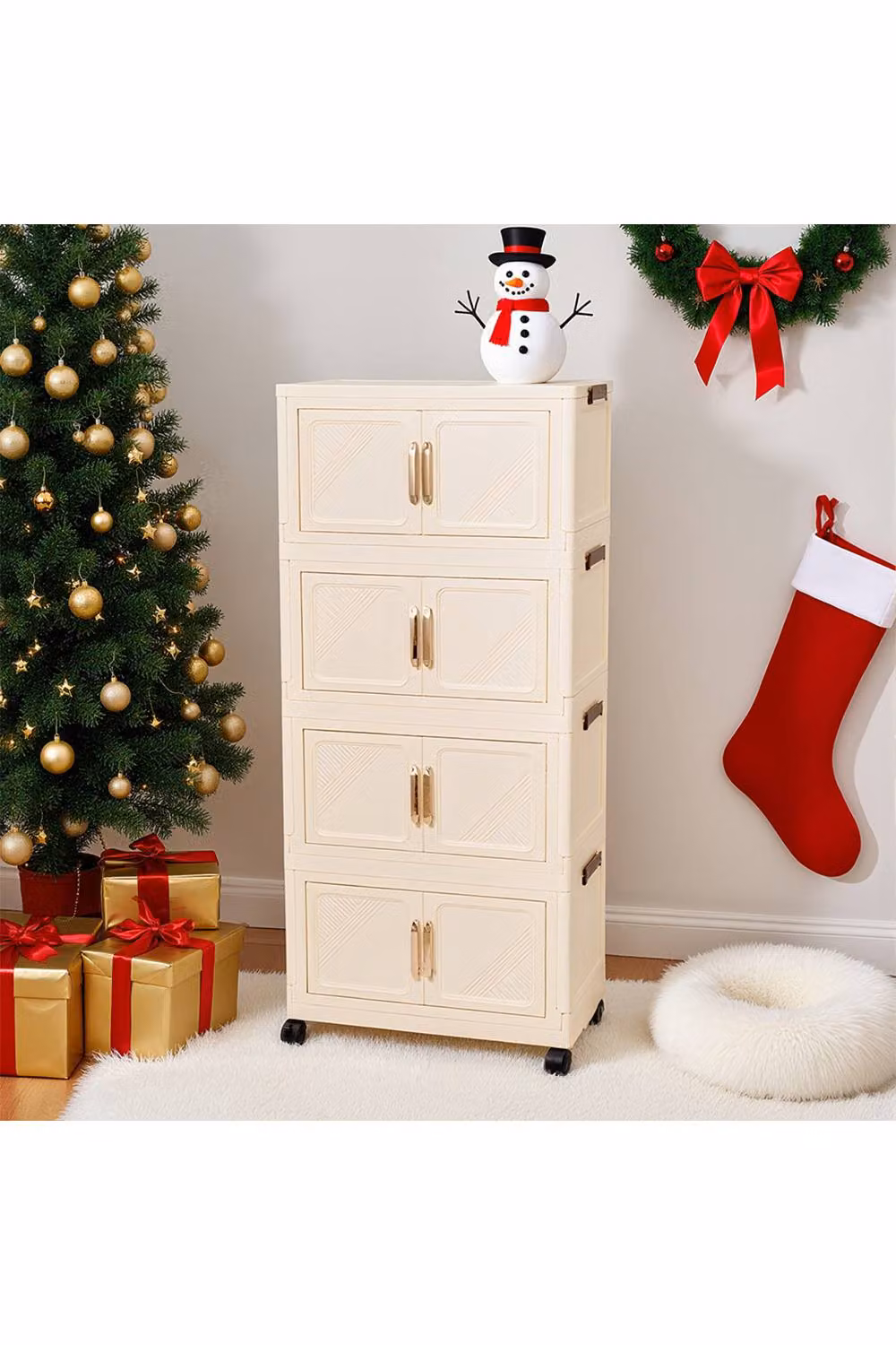 Living and Home Foldable 4-Tier Rolling Plastic Storage Cabinet with Magnetic Doors in Beige – 2
