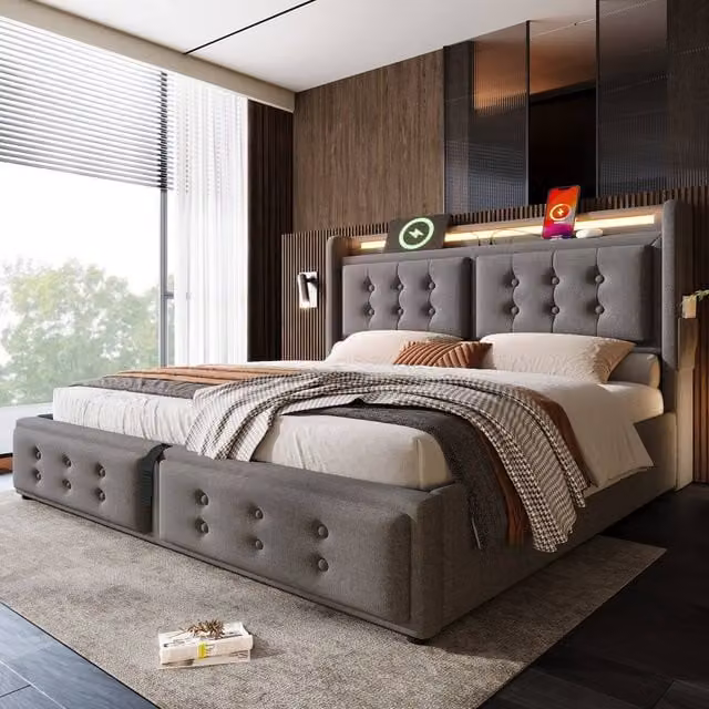 ModernLuxe Upholstered King Size Ottoman Bed with LED Lighting and Bedside Shelf in Grey – 1