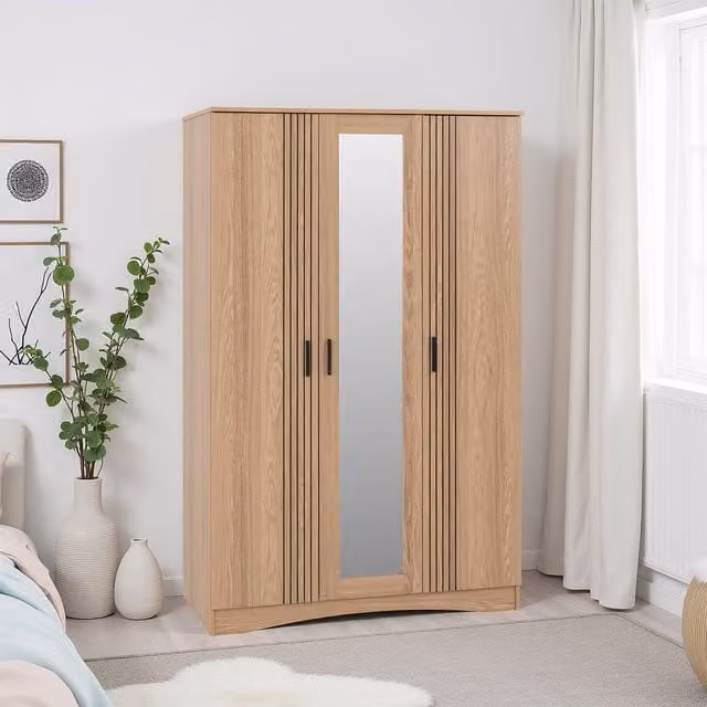 Seconique Modern Brown Wood Wardrobe with Mirrored Hinged Doors