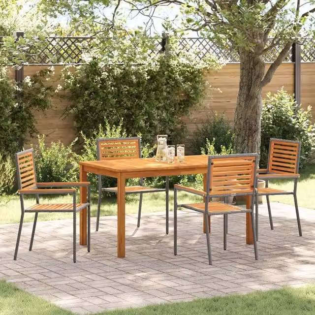 Berkfield Home 5 Piece Grey Poly Rattan and Acacia Wood Garden Dining Set – 1