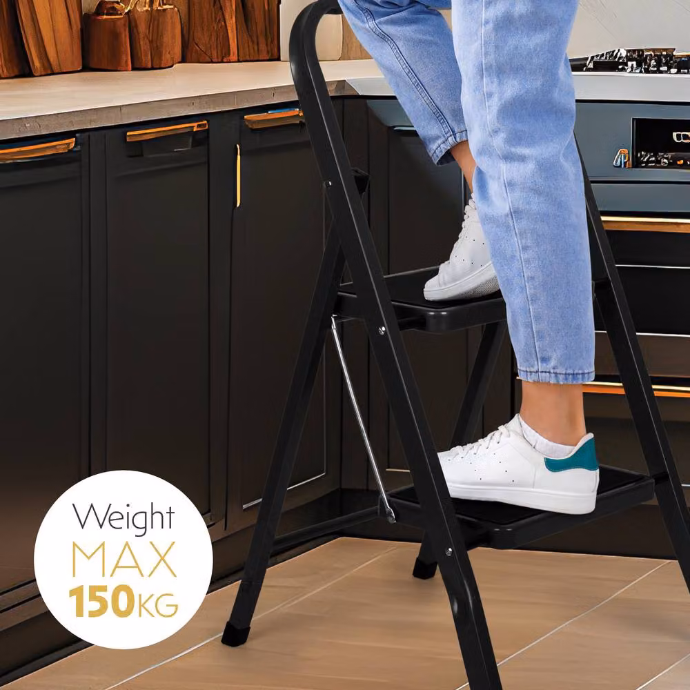 Futura 2 Step Black Heavy-Duty Steel Folding Step Ladder with Rubber Feet – 2