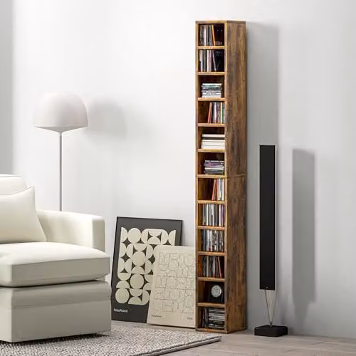 HOMCOM Corner CD Storage Unit with 12 Media Compartments, Rustic Brown, Height: 175 cm – 2