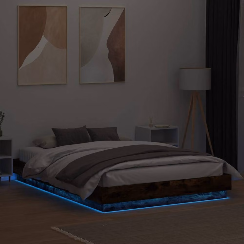 Berkfield Home Durable Bed Frame with Under-Bed LED Lighting in Smoked Oak Brown, W/D/H: 140 x 200 x 23 cm – 4