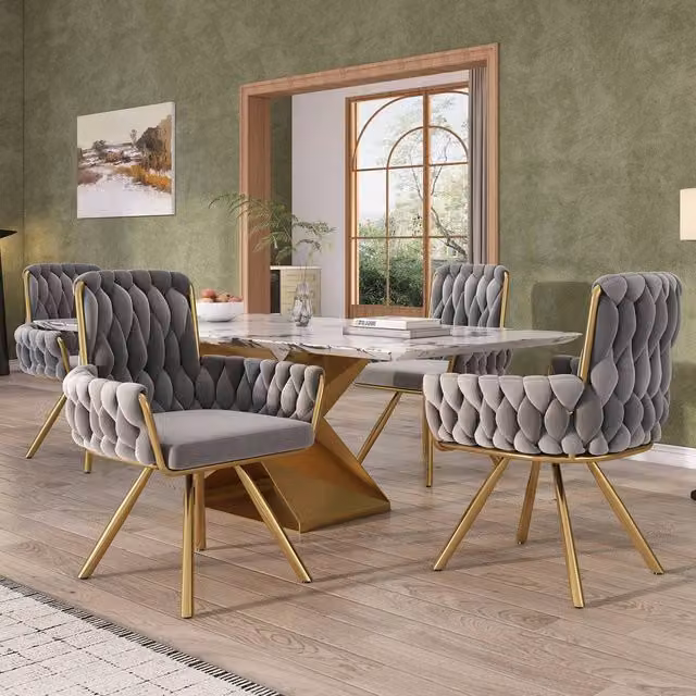 ModernLuxe Set of 4 Grey Velvet Swivel Armchairs with Metal Legs