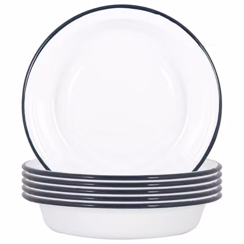 Argon Tableware White and Blue Enamel Deep Bowls, Pack of 6, Diameter: 22.5 cm
