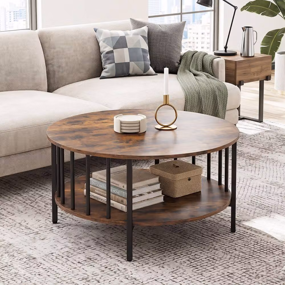 Gymax 2-Tier Round Coffee Table in Brown – 2