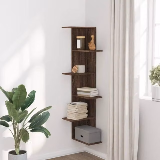 Berkfield Home Wall Mounted Corner Shelf in Brown Oak, W/D/H: 36.5 x 36.5 x 140 cm – 1