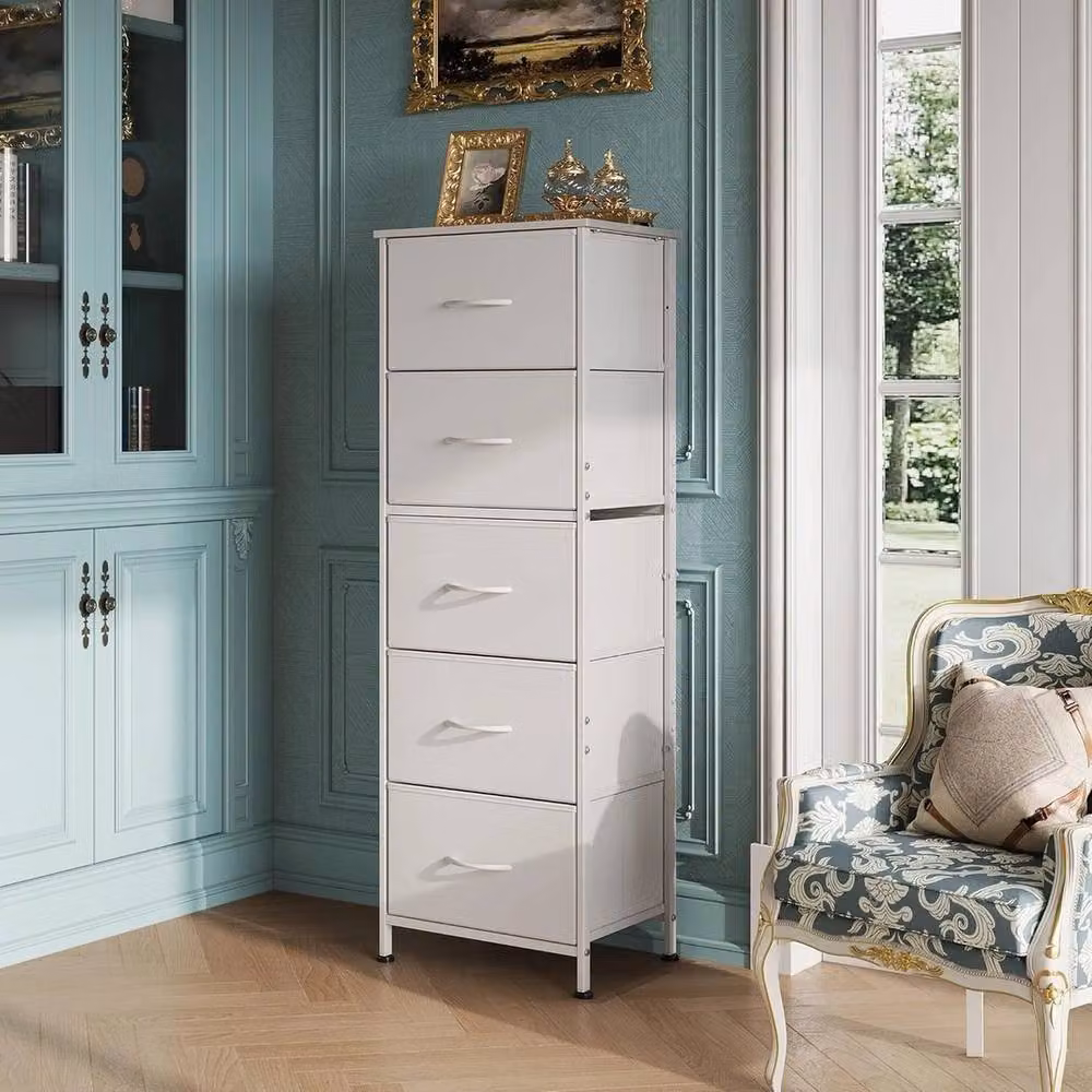 VOGREX Rustic Wood Top Tall 5-Drawer Fabric Bathroom Storage Chest in White – 2