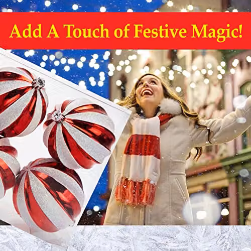 VFM e-Store Red and White Striped Round Christmas Baubles, 6 Pack, Diameter: 8 cm – 6