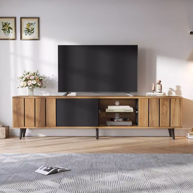 Rolipo Modern Wood and Glass TV Stand in Brown and Black, W: 175 cm