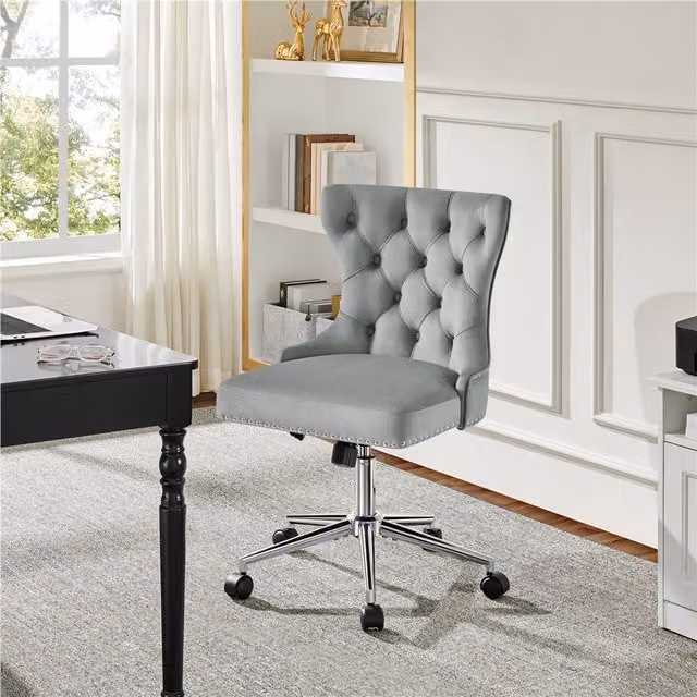 Yaheetech Velvet Diamond Tufted Swivel Task Chair with Castors, Grey