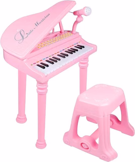 The Magic Toy Shop Pink Piano Keyboard with Stool and Microphone, 31 Keys