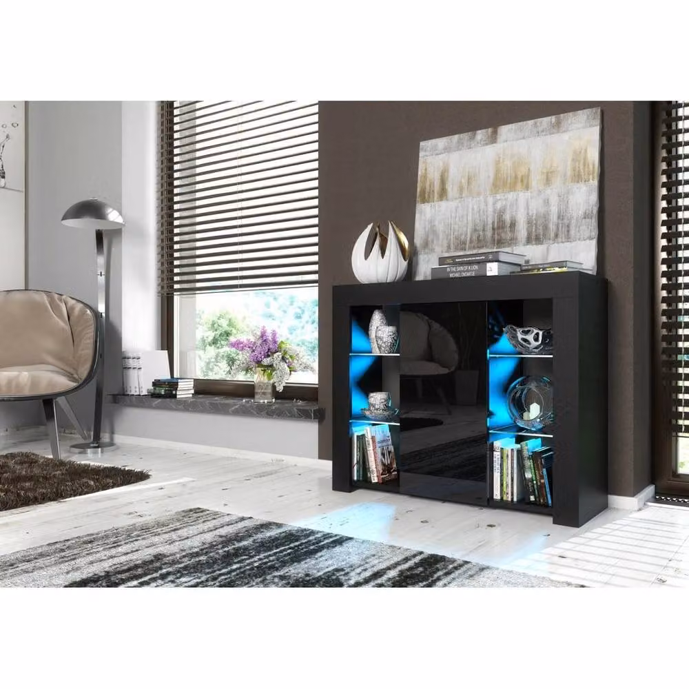 SPETLEK Modern TV Unit with Glass Doors and Integrated Lighting in Black Matt and High Gloss – 2