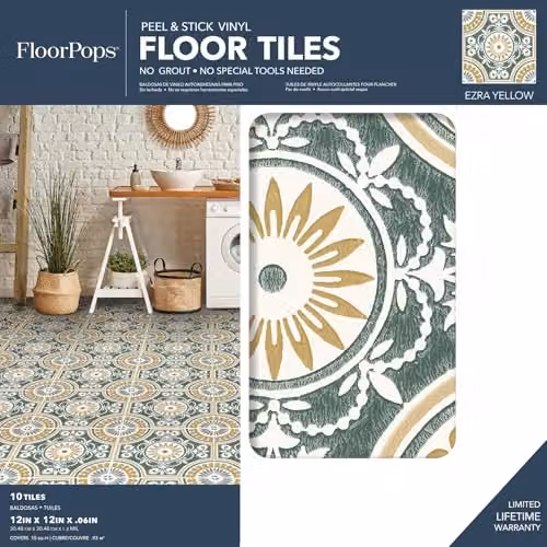 FloorPops Ezra Yellow and Green Geometric Art Deco Vinyl Peel and Stick Floor Tiles, 10 Tiles (W: 30.48 cm, D: 30.48 cm) – 2