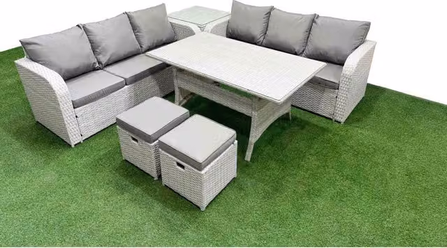 Fimous 8-Seater Rattan Garden Furniture Set with Tempered Glass Table in Light Grey
