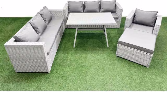 Fimous 8-Seater Outdoor Rattan Garden Dining Set with Rectangular Glass Table and Large Stool in Light Grey Mixed Rattan and Dark Grey Fabric