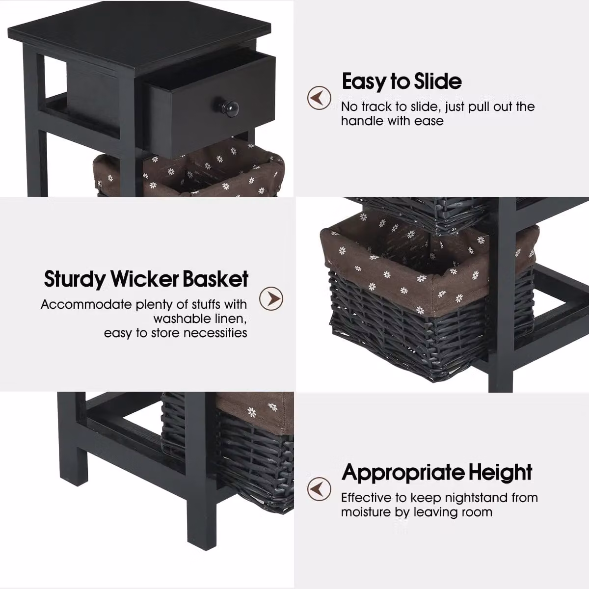Costway Set of 2 Black 3-Tier Chest of Drawers Nightstands with 2 Rattan Baskets – 5