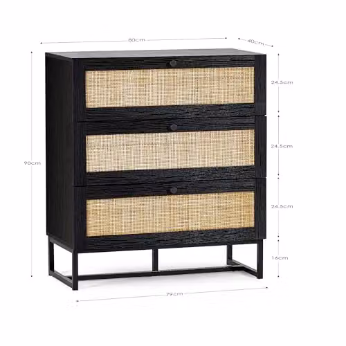 Julian Bowen Padstow 3 Drawer Chest in Black with Rattan Details, H 80 x W 40 x D 90 cm – 4
