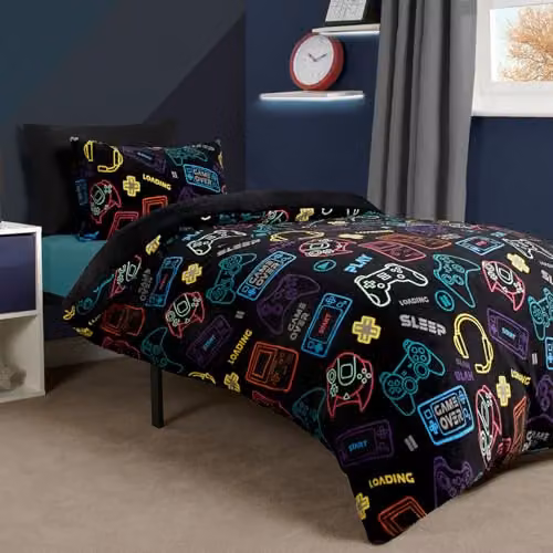 OHS Gaming Kids Reversible Fleece Duvet Cover and Pillowcase Set in Black and Blue, W/D/H: 200 x 200 cm