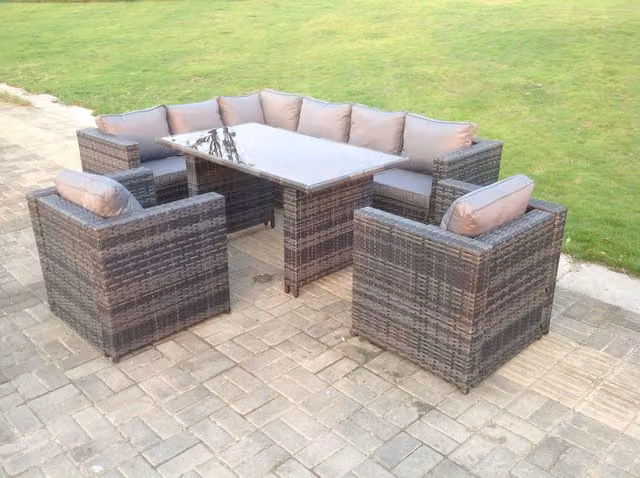 Fimous Dark Grey Rattan Outdoor Lounge Corner Sofa Set with Rectangular Glass Dining Table and Chairs