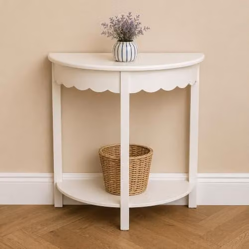 Melody Maison Ivory White Wooden Scalloped Half Moon Console Table with Shelf W: 78 cm, D: 80 cm – 1