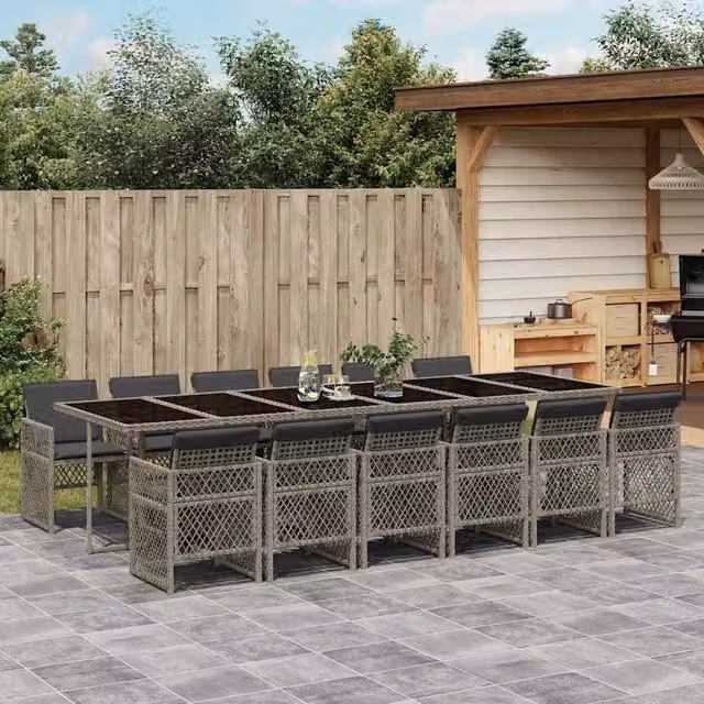 Berkfield Home 13 Piece Grey Poly Rattan Garden Dining Set with Cushions and Glass Table – 1