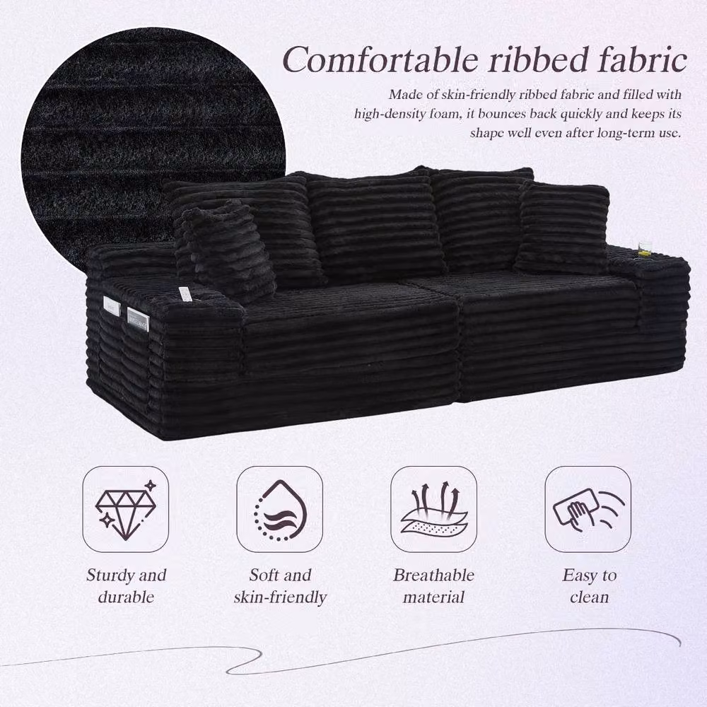 Rolipo Black Corduroy Sleeper Sofa Bed with Cup Holders and Side Pockets – 4