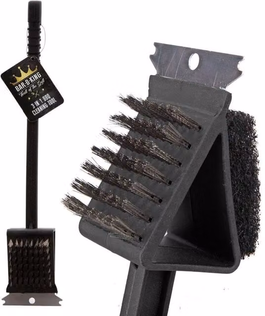 Bar-B-King 3-in-1 BBQ Cleaning Tool with Steel Scraper, Black