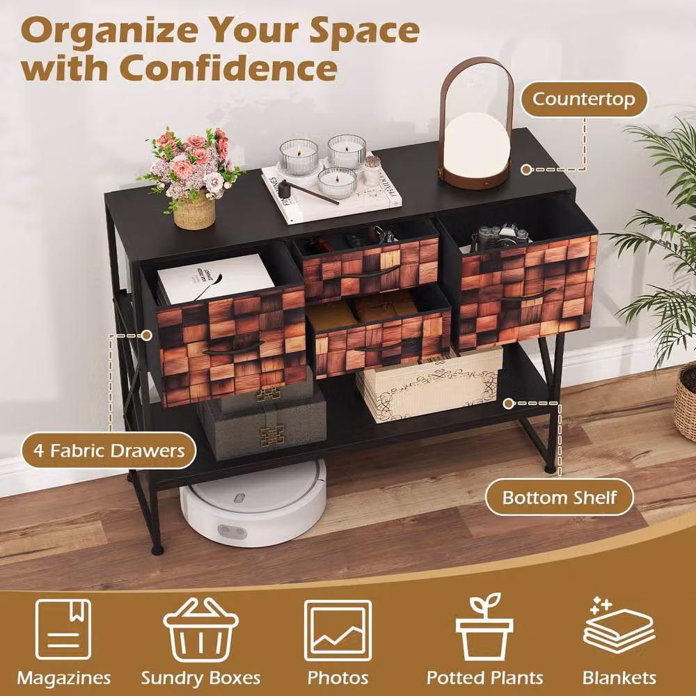 Costway Modern Geometric Console Table with 4 Fabric Drawers and Shelf in Black and Multicolour – 8