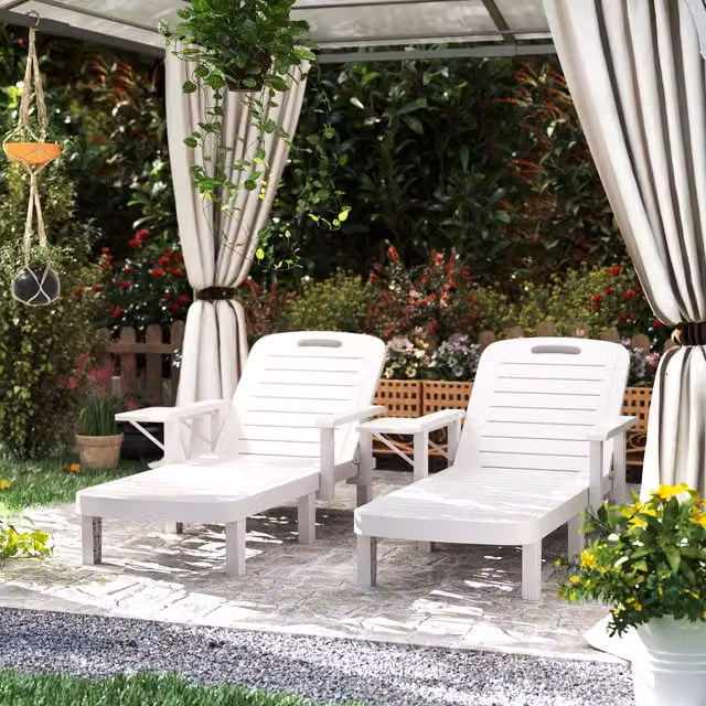 Outsunny Set of 2 White Resin Reclining Sun Loungers with Armrests and Side Trays