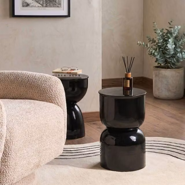 Wyld and Coco Black Lacquered Metal Drum-Shape Round Accent Side Table – 1