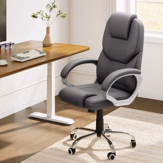 Livingandhome Grey Synthetic Leather Swivel Gaming Office Chair with Headrest, Armrests and Castors