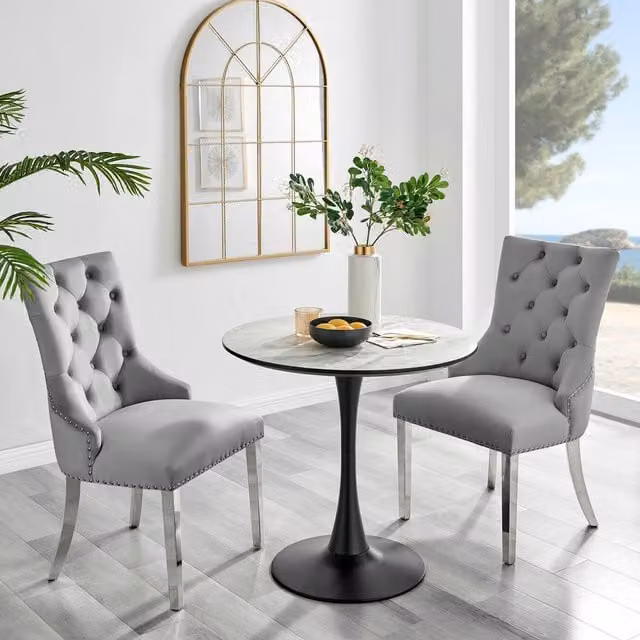 FurnitureboxUK Elina White Marble Effect Round Dining Table and 2 Grey Belgravia Velvet Chairs