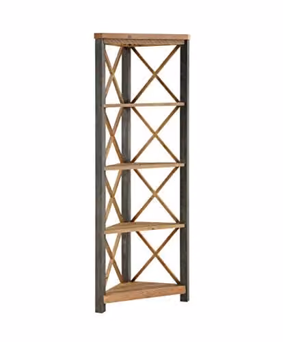 Baumhaus Urban Elegance Reclaimed Large Corner Bookcase in Brown with Solid Wood and Steel Frame, H 180 x W 68 x D 38 cm – 1