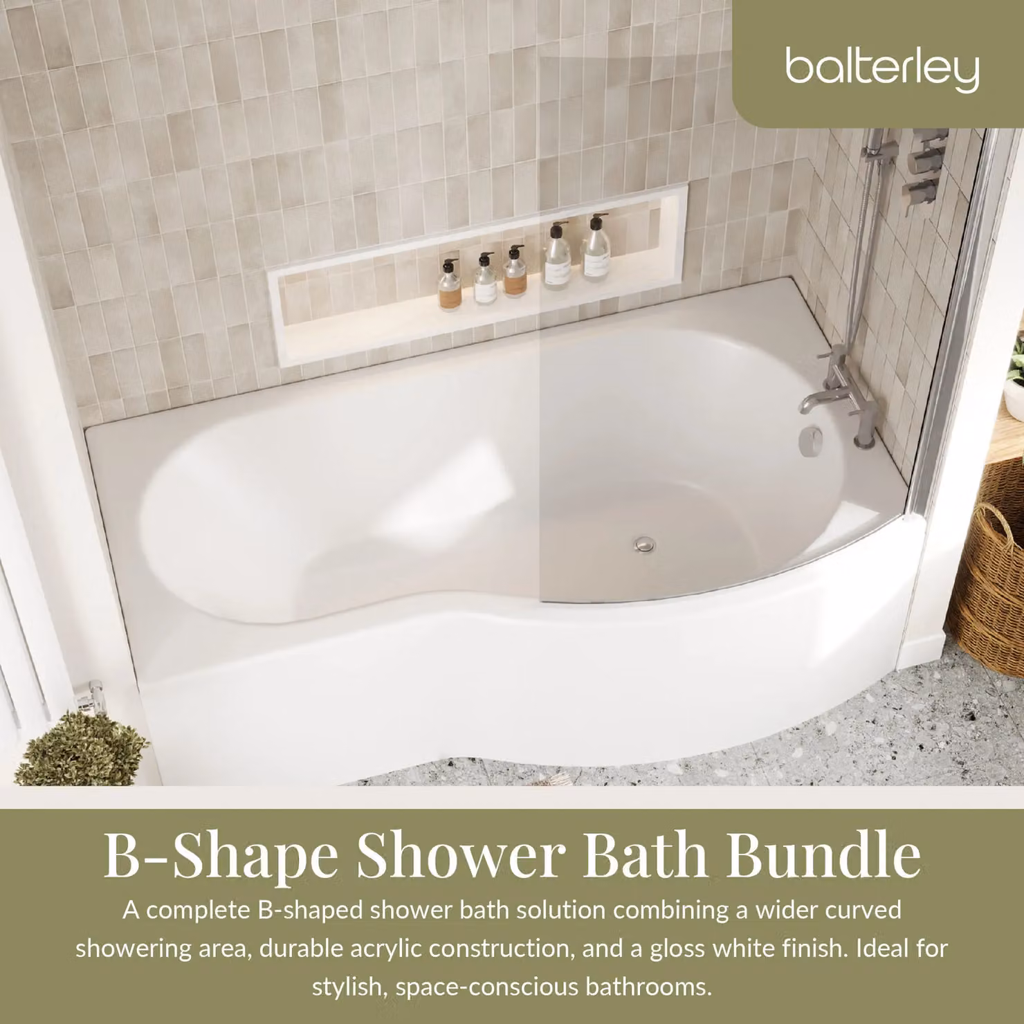 Balterley D-Shaped Right Hand Shower Bath with Screen and Front Panel, White, W: 170 cm, D: 90 cm – 2