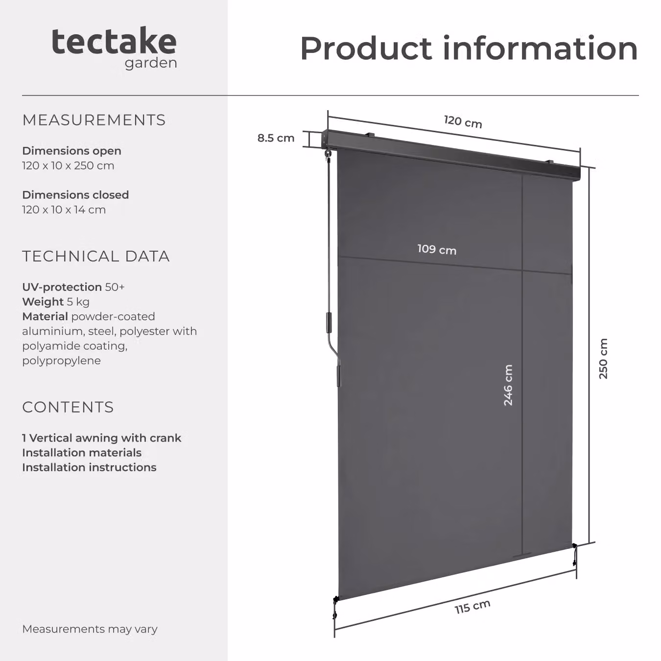 tectake Eloise Vertical Awning in Dark Grey, W/H: 120 x 250 cm – 6