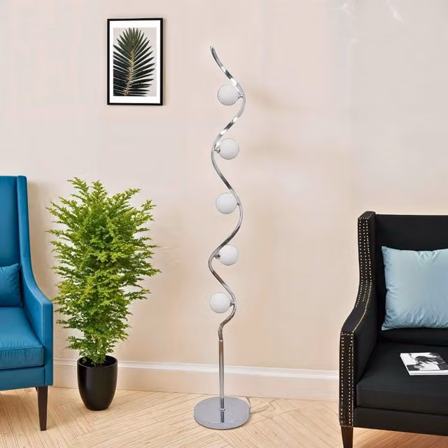 Pagazzi Lighting Bombo 5 Light LED Floor Lamp in Polished Chrome and Silver with Glass Spheres, Height: 160 cm