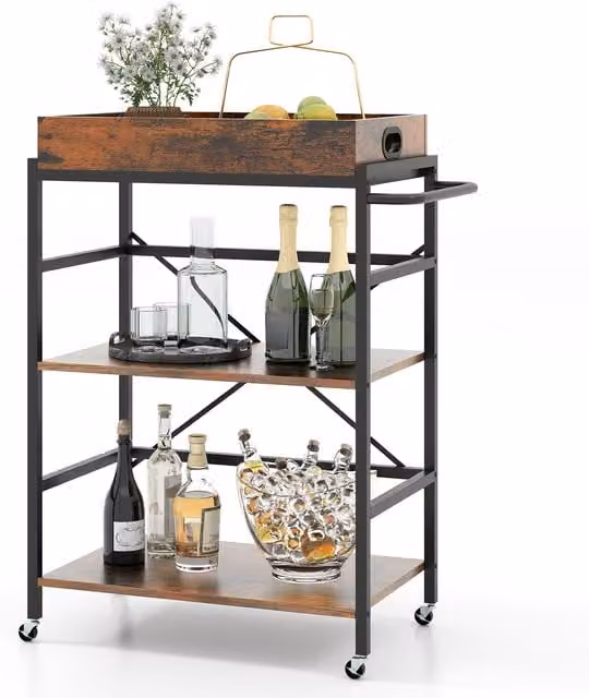 Costway Mobile Kitchen Serving Trolley in Brown with Metal and Wood Industrial Design