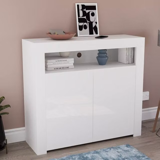 HD Designs Nova 2 Door LED Sideboard Cabinet in White, W/D/H: 107 x 97 x 35 cm