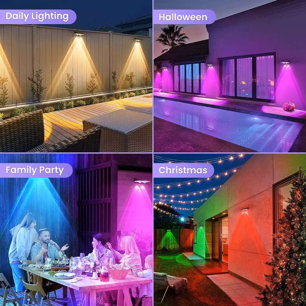 FLAVORA Set of 8 Solar Powered LED Outdoor Wall Lights in Black with Multicolour RGB Lighting – 2