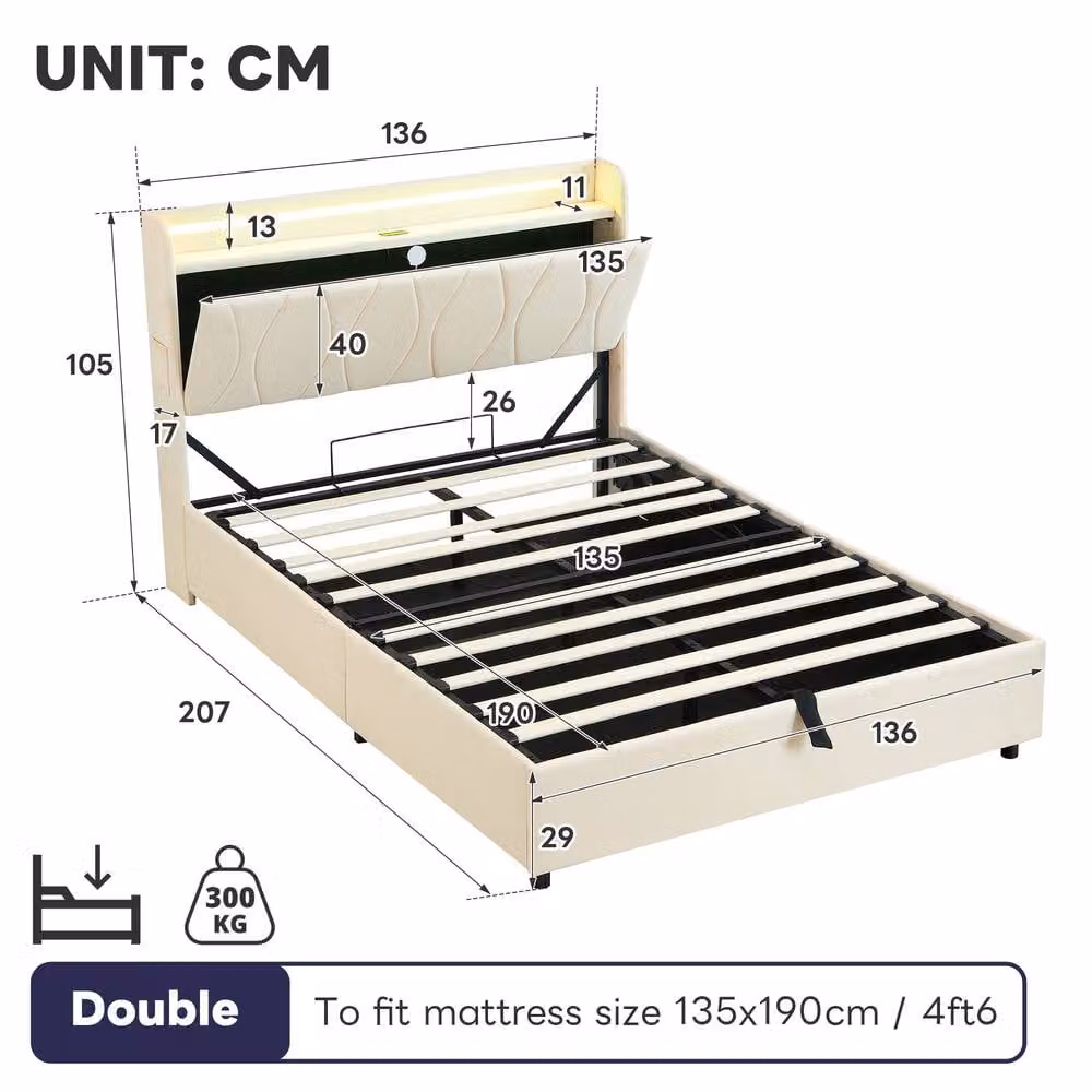 Rolipo Double Upholstered Hydraulic Storage Bed Frame with LED Lighting and USB Charging Port, Beige, W: 140 cm, L: 200 cm – 5